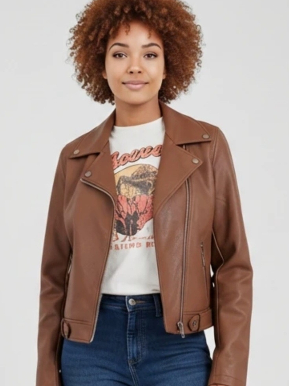 Coffee Shop New York Womens Size Small Brown Faux Leather Utility Moto Jacket